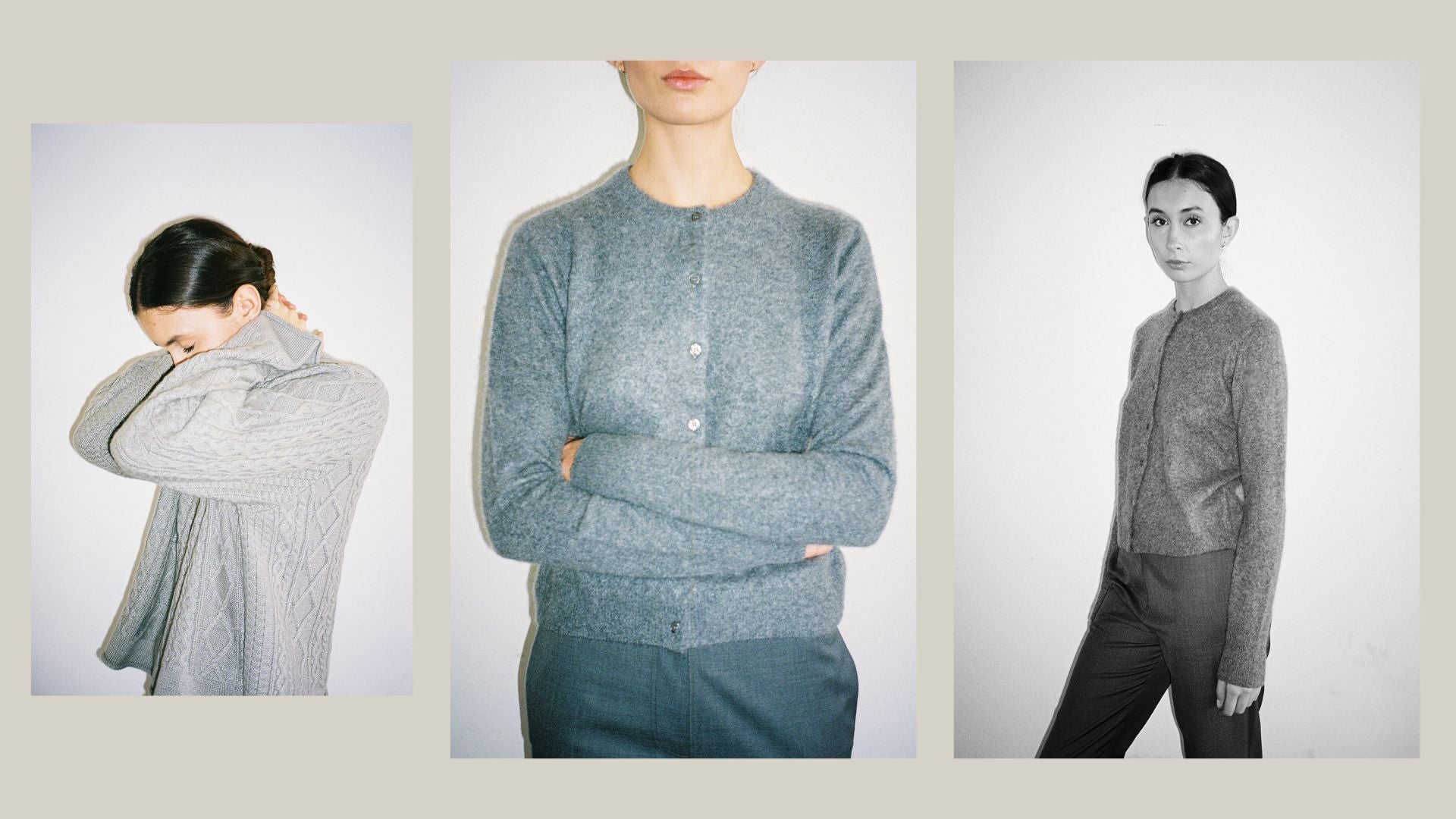 Three panel display of a woman wearing the Oliver Knit and Otis Cardigan against a white background